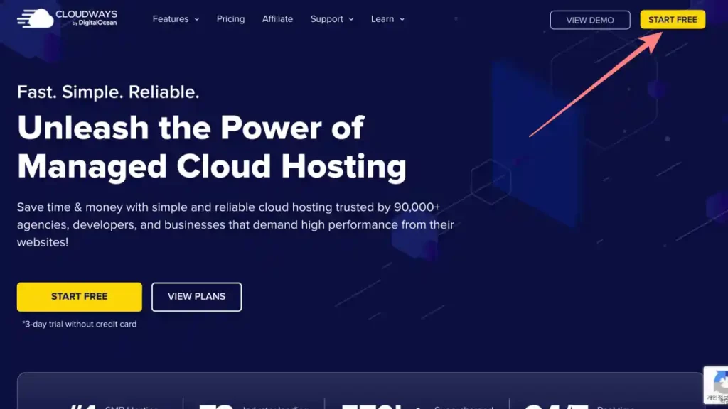 CloudWays 홈페이지에서 Start Free 버튼을 누른다.