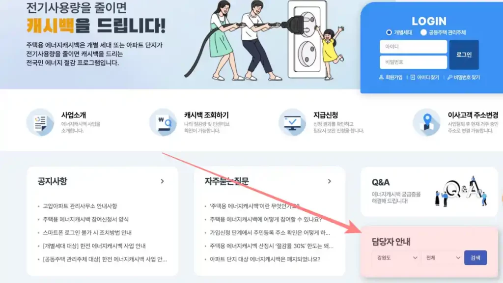 전화 신청 시 전화번호는 캐시백 신청 페이지 우측 하단의 담당자 안내에서 확인 가능하다.