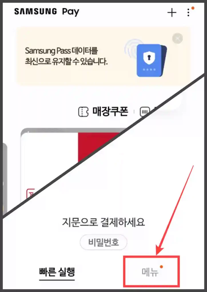 스마트폰 화면을 올려 나오는 삼성페이에서 우측 하단 메뉴 선택
