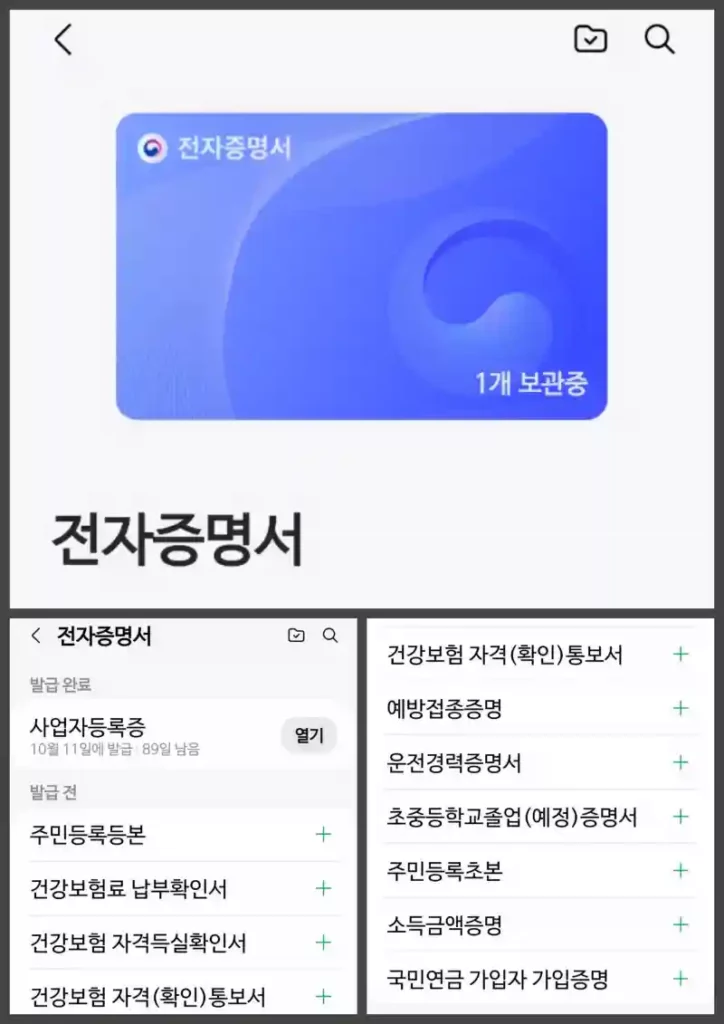 전자증명서 발급 목록