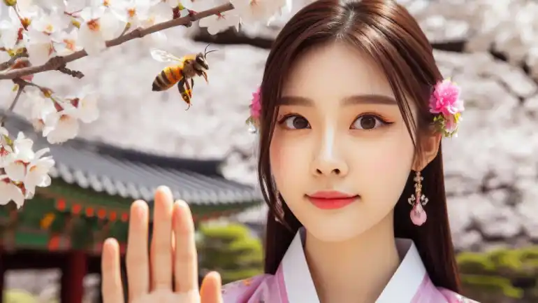 벝꽃 나무 밑에서 오른손바닥을 앞으로 내밀고 있는 여성