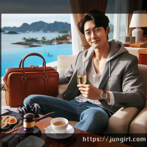 여행을 즐기는 남성이 라운지에 쇼파에 앉아 샴페인을 손에 들고 있는 모습