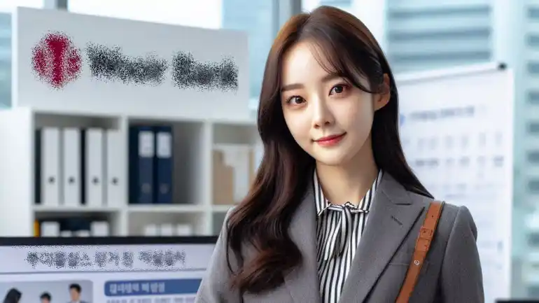 은행 앞에 서 있는 직장인 여성