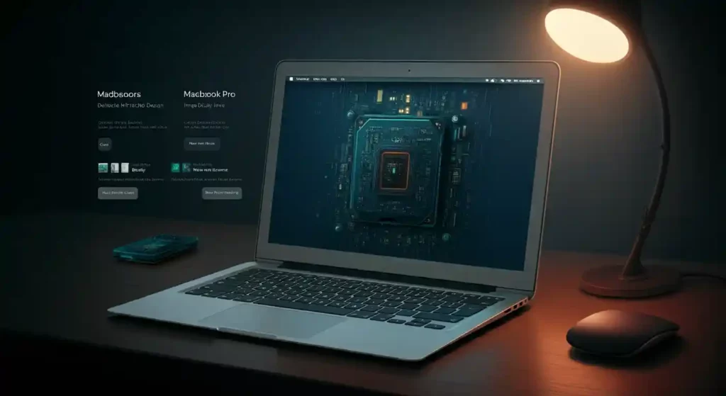 맥북 프로를 책상 위에 펼쳐 놓고 있다.