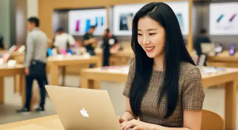 애플 스토어에서 맥북을 사용하며 웃고 있는 여성