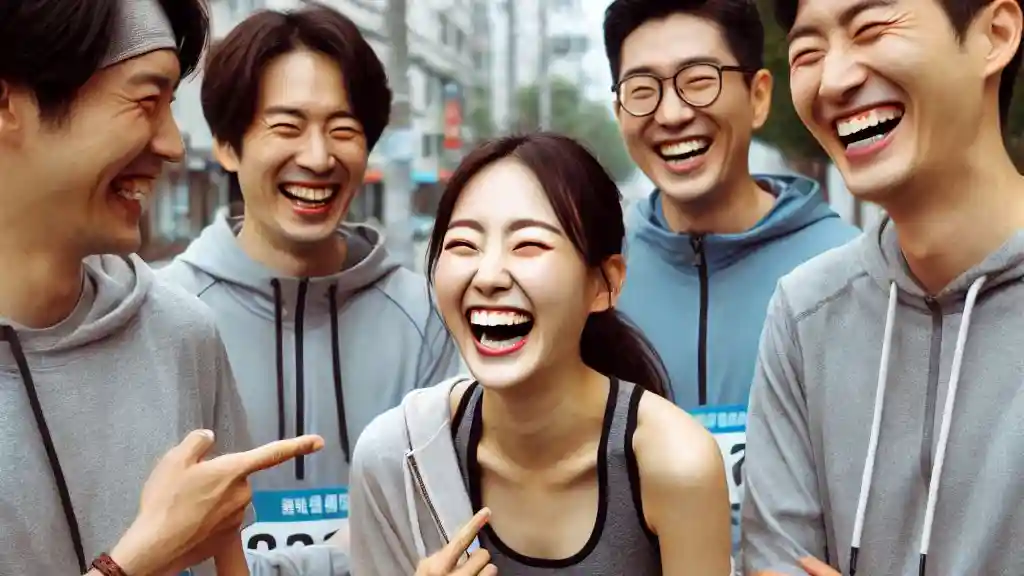 러닝 크루에 참여하며 함께하는 사람들과 즐겁게 웃고 있는 모습