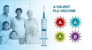 2025년 4가 독감백신 주사기와 네 가지 독감 바이러스 모형, 건강하고 활기찬 가족의 모습이 어우러져 독감 예방의 중요성을 나타내는 이미지