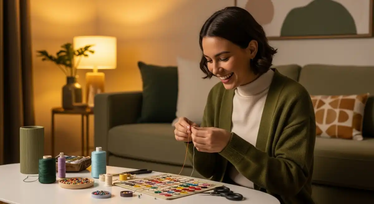 퇴근 후 아늑한 공간에서 DIY 공예로 힐링하는 사람의 모습, 다양한 공예 재료들이 주변에 놓여있어 평화롭고 창의적인 분위기를 연출합니다.