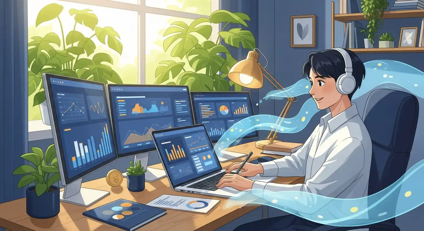 편안하고 세련된 재택근무 환경에서 노트북으로 스마트 파이프라인을 구축하며 연봉 1억을 목표로 하는 활기찬 모습