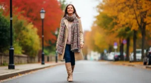 가을 기온별 옷차림으로 거리를 걷는 여성이 트렌치코트와 니트를 레이어드하여 10~15도에 어울리는 세련된 데일리룩을 선보이고 있습니다.