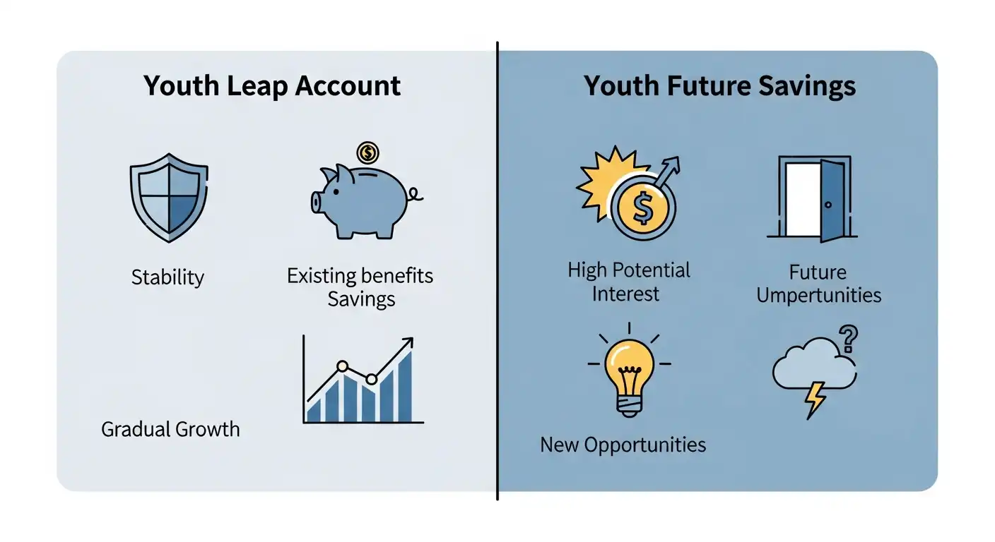 청년도약계좌와 청년미래적금의 주요 특징을 시각적으로 비교 분석한 인포그래픽.