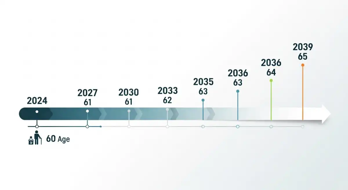 정년이 60세에서 65세로 단계적으로 연장되는 과정을 보여주는 타임라인 그래픽.