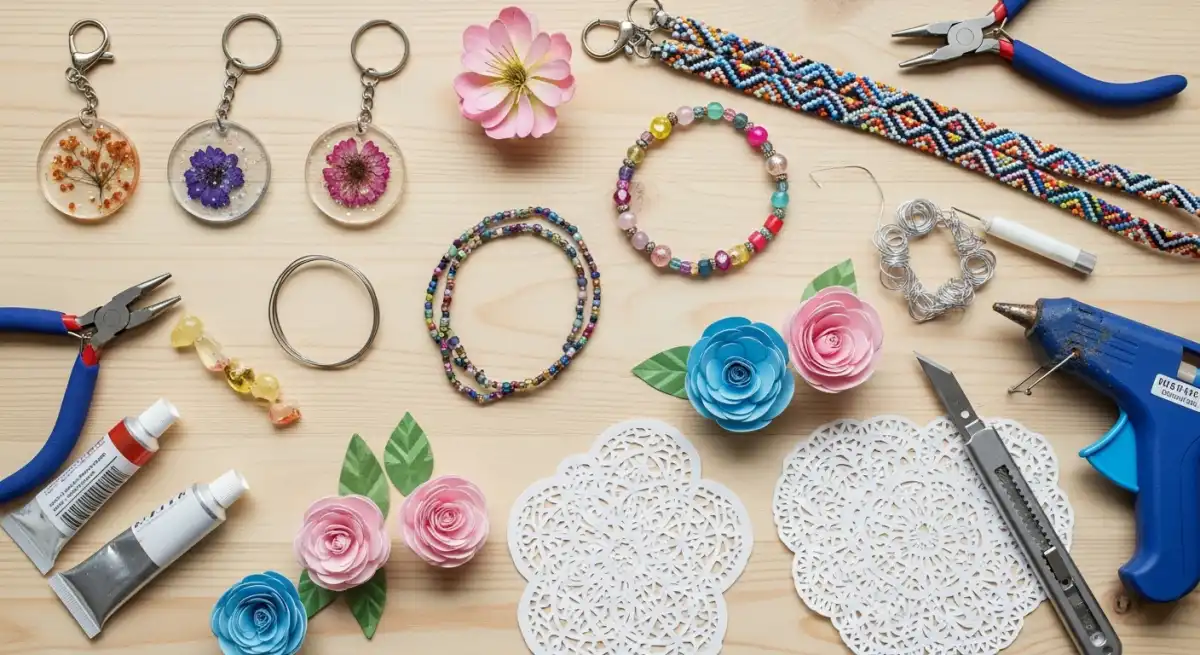 투명 레진 키링, 비즈 팔찌, 페이퍼 플라워 등 다양하고 화려한 DIY 공예 작품들이 아늑하게 배열된 모습.