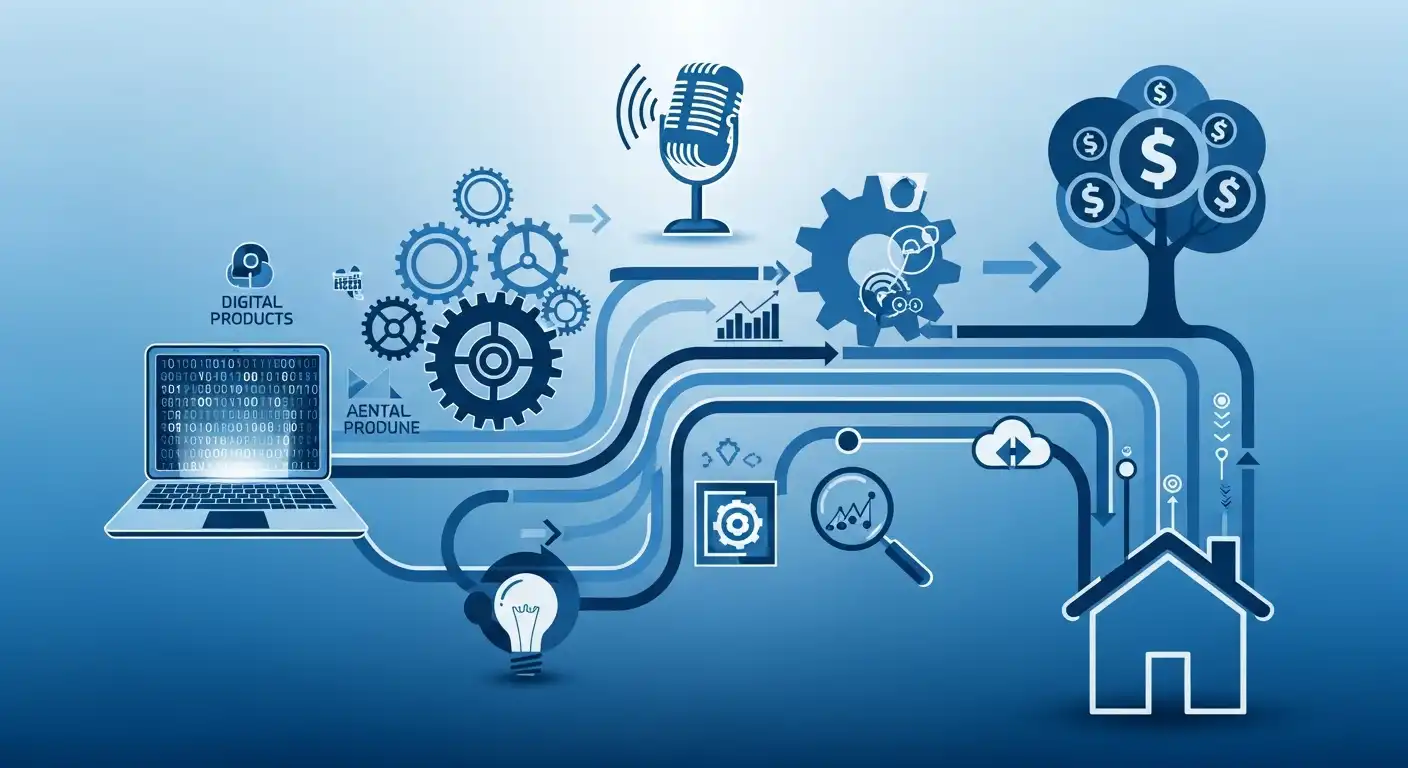 스마트 파이프라인의 다양한 구성 요소(디지털 상품, 콘텐츠, 자동화 등)가 유기적으로 연결되어 재택 수익으로 이어지는 과정을 보여주는 현대적인 인포그래픽