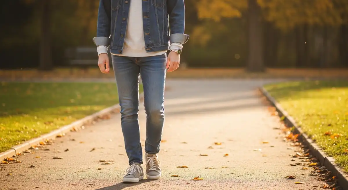 15-20도 기온에 적합한 데님 재킷과 긴팔 셔츠 레이어드 코디를 한 사람이 가을 공원에서 편안하게 서 있습니다.