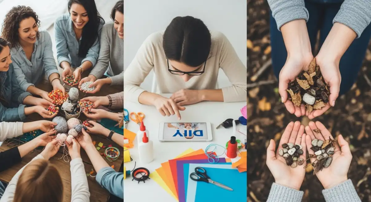 DIY 재료를 함께 나누는 사람들, 태블릿으로 무료 강좌를 보는 모습, 자연물을 활용해 공예하는 모습이 담긴 비용 절약 팁 관련 이미지.