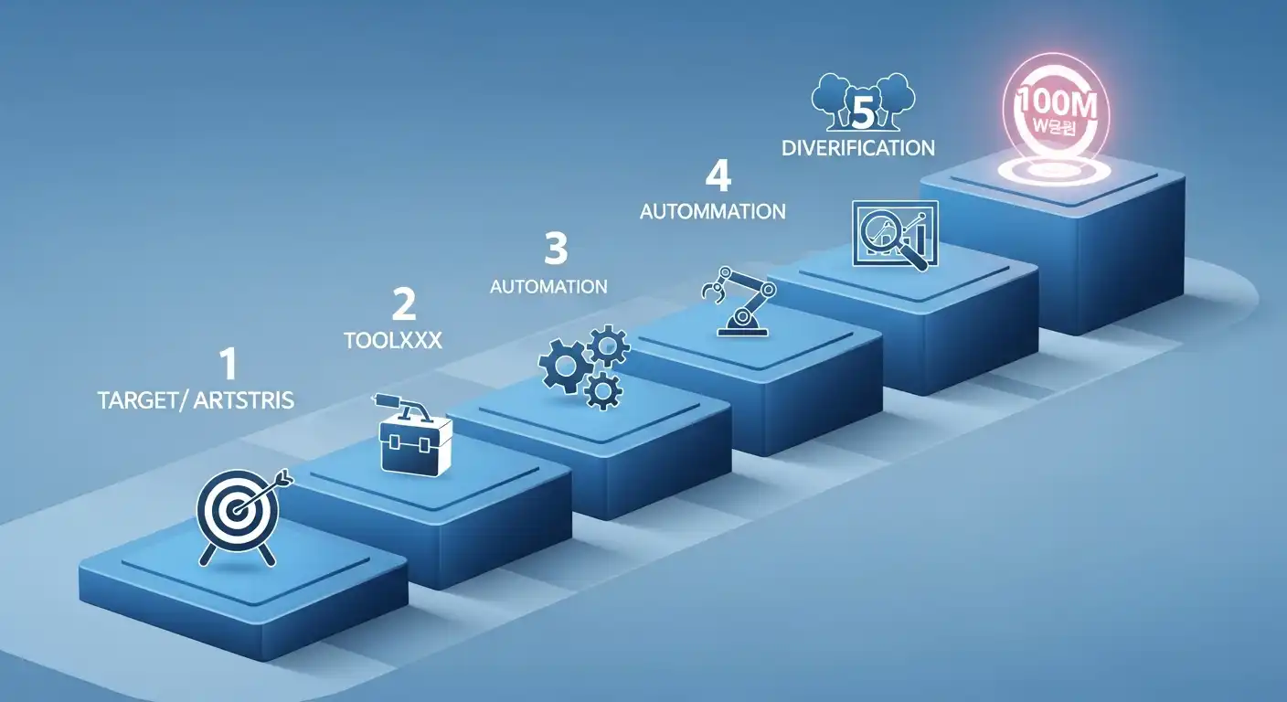 연봉 1억 달성을 위한 5단계 로드맵을 시각적으로 표현한 이미지: 목표 설정부터 파이프라인 다각화까지 성공적인 재택 수익 여정을 상징