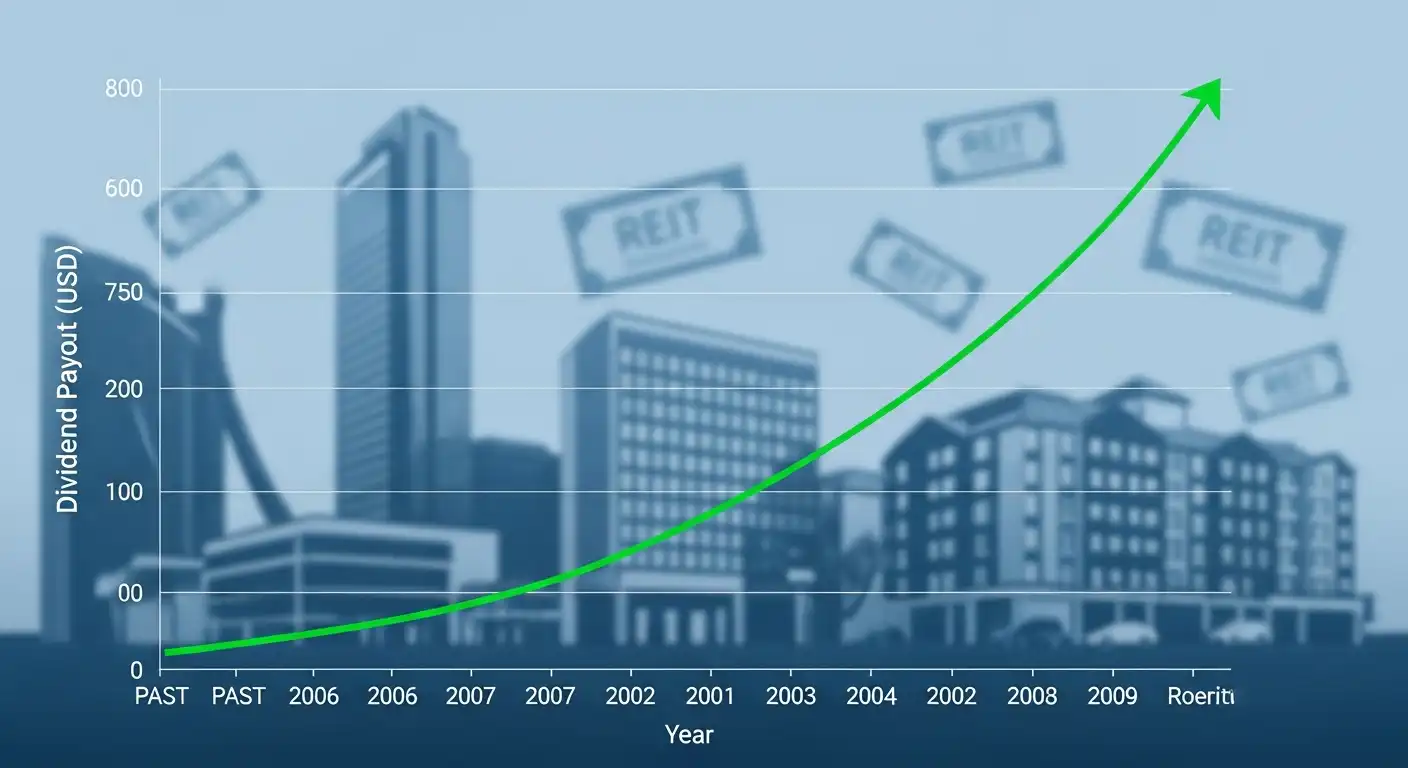 꾸준히 증가하는 배당금 차트와 리츠 건물 이미지가 합성된, 안정적인 현금 흐름을 상징하는 금융 이미지