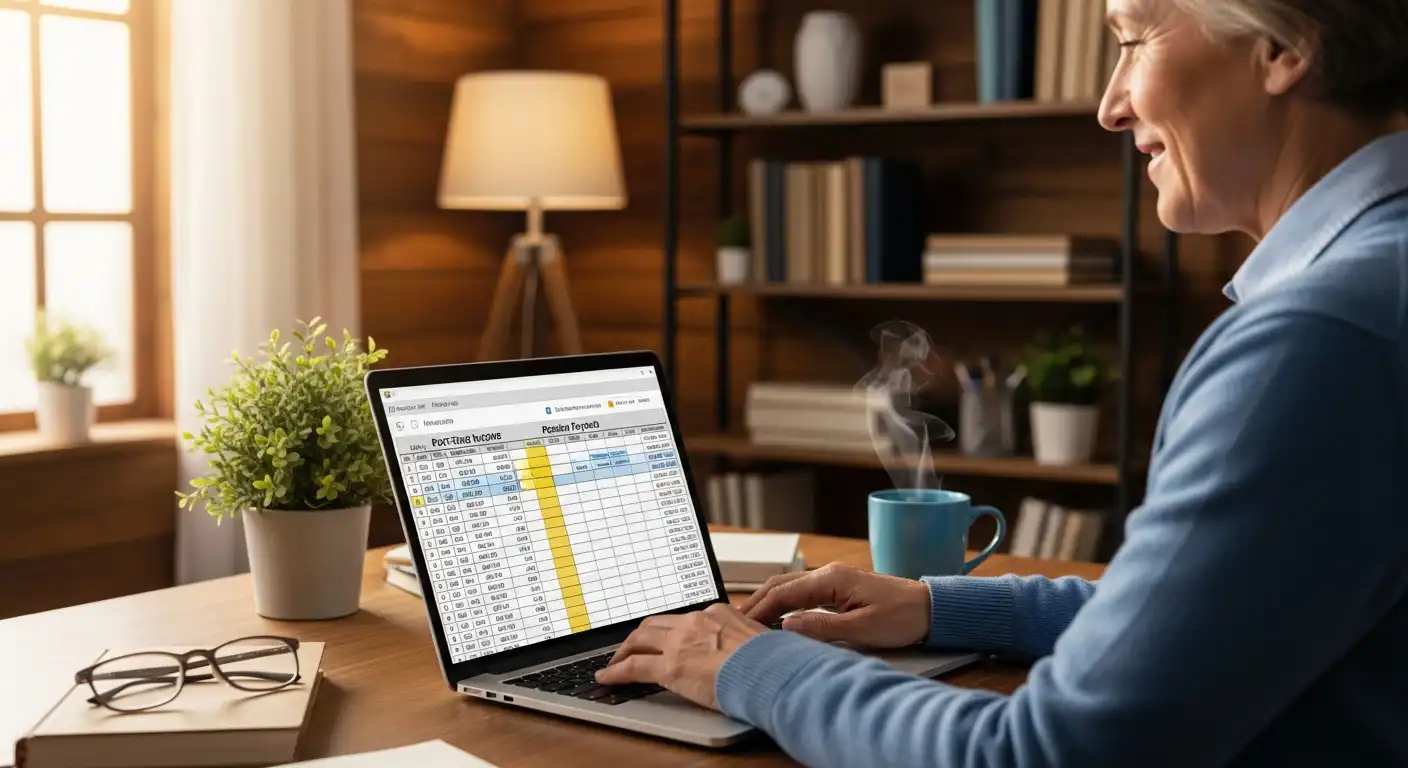 은퇴 후 집에서 노트북으로 파트타임 근무를 하며 연금과 근로 소득을 합산하는 중년의 모습