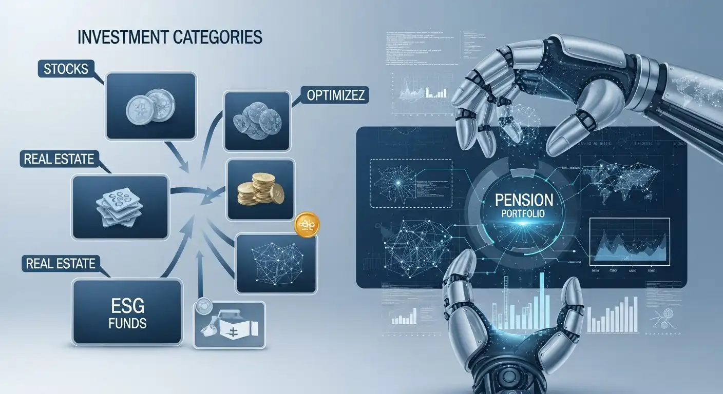 AI가 다양한 자산(주식, 채권, ESG 펀드 등)을 분석하여 최적의 연금 포트폴리오를 구성하는 미래 지향적인 이미지