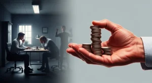 국세처럼 강제 회수되는 체불임금을 상징하는 이미지. 국가의 강력한 의지를 상징하는 붉은 손이 체불임금이라 쓰인 동전 더미를 움켜쥐고 있다.