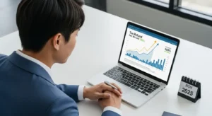 2025년 연말정산 미리보기를 확인하며 밝게 웃는 한국인 직장인의 모습