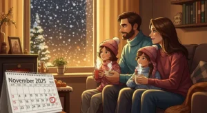 따뜻한 난방으로 포근한 거실에서 가족이 미소 짓고 있는 모습, 창밖에는 눈이 내리는 풍경. 2025년 겨울 난방비 50만원 지원금으로 따뜻한 겨울을 보내는 안락한 분위기.