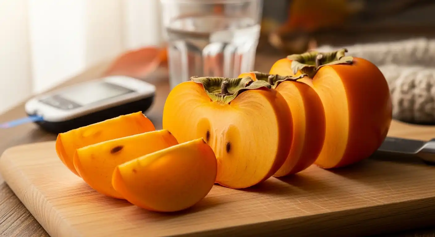 당뇨 환자를 위한 신선한 단감 슬라이스, 혈당 측정기와 물잔이 함께 놓인 건강한 가을 간식 이미지.