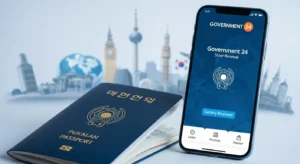 2025년 여권 재발급을 위한 온라인 신청 과정을 보여주는 이미지. 대한민국 여권과 스마트폰이 놓여 있고, 배경에는 해외 유명 건축물들이 흐릿하게 보인다.