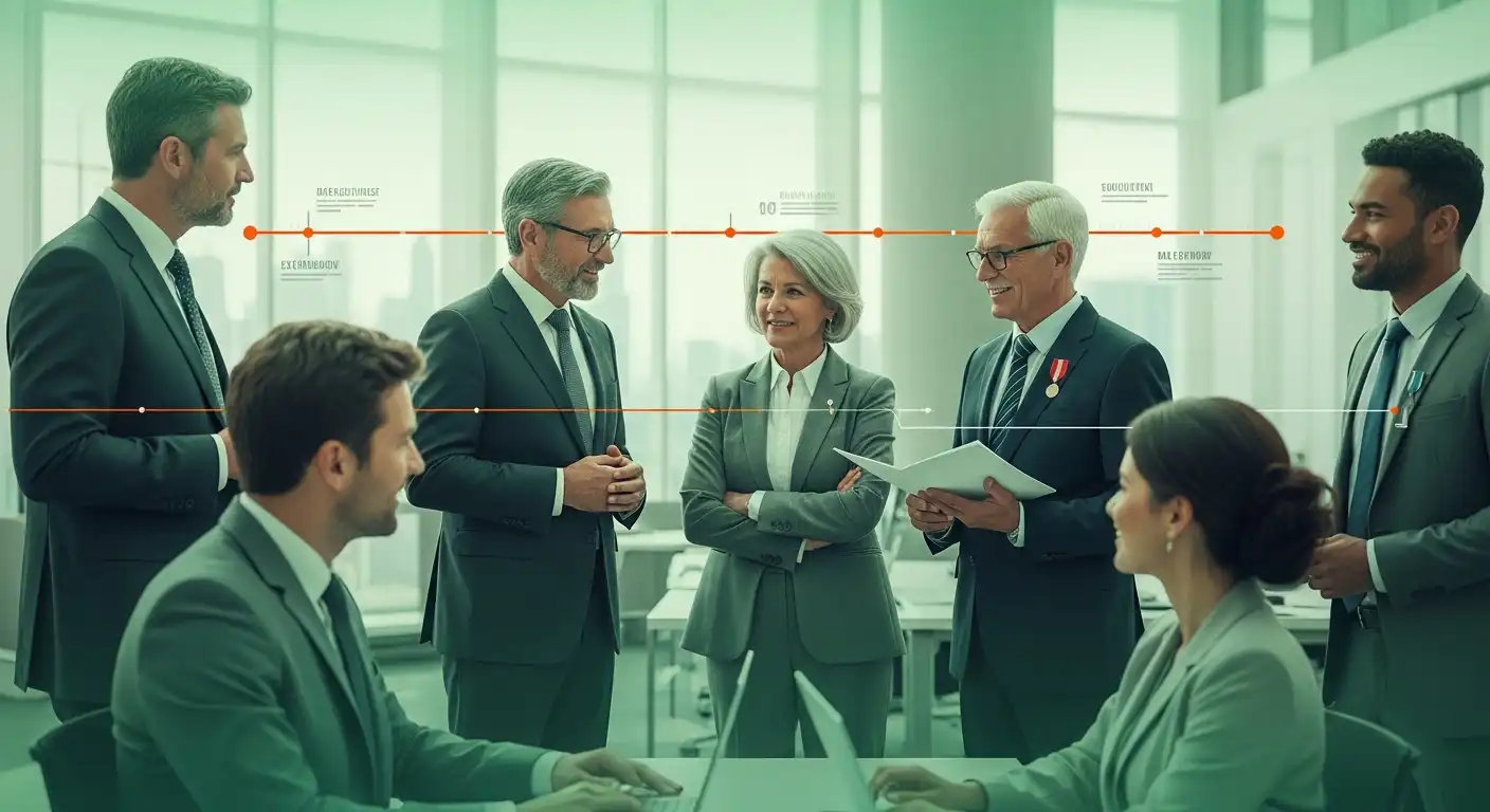 공무원 정년 65세 연장 논의를 상징하는 이미지. 다양한 연령대의 공무원들이 협력하는 모습과 미래지향적인 공공기관 배경이 어우러져 있다.