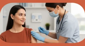 독감 예방접종 후 주사 부위를 부드럽게 누르고 있는 모습, 안심하고 건강을 지키는 의료 환경을 상징.