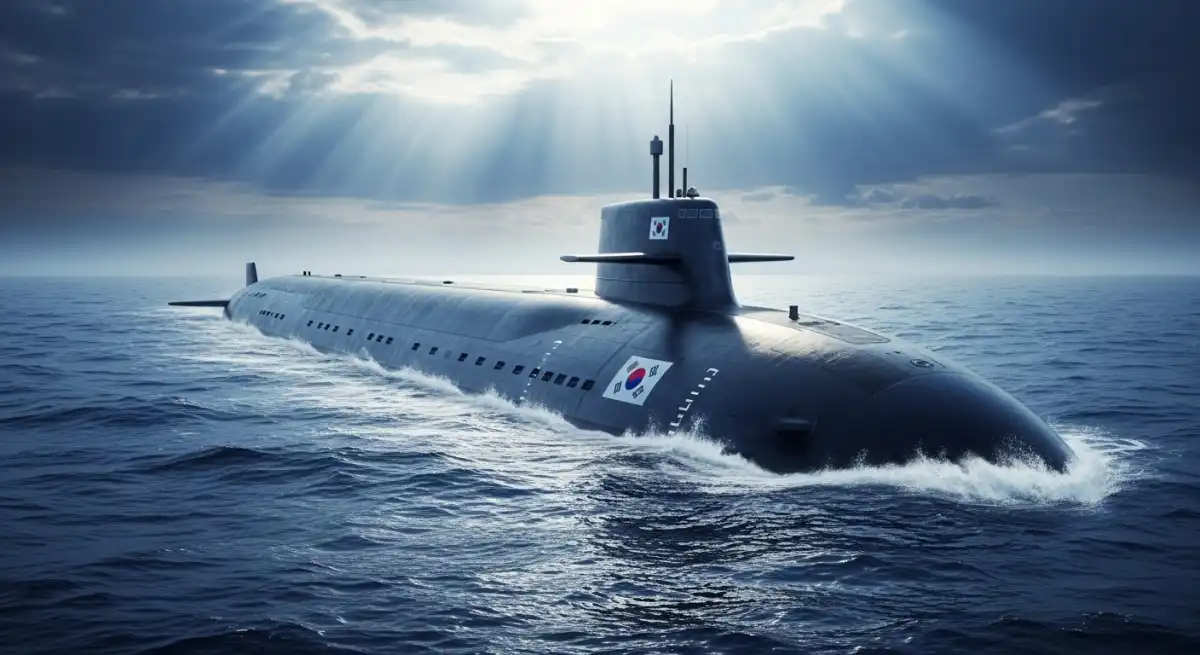 심해에서 솟아오르는 위용 넘치는 한국형 핵추진 잠수함의 모습으로, 2025년 국방력 강화와 첨단 기술을 상징합니다.