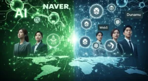 네이버와 두나무의 AI 및 웹3 기술이 글로벌 지도를 배경으로 융합되는 역동적인 장면, 한국인들이 미래를 바라보는 모습.
