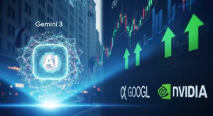 구글 제미나이 3가 뉴욕 증시 AI 기술주를 밝히는 모습, 알파벳과 엔비디아 주가 상승을 상징하는 역동적인 이미지
