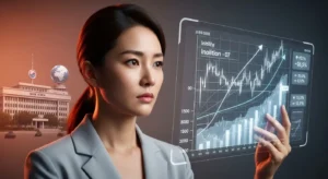 한국은행 금통위 발표 이후, 한 한국인 여성이 경제 지표와 글로벌 인플레이션 그래프를 보며 금리 정책 방향을 고민하는 모습.