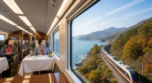 2025년 해랑열차가 아름다운 해안선을 따라 달리는 모습과 창밖 풍경을 바라보며 행복해하는 한국인 노부부.