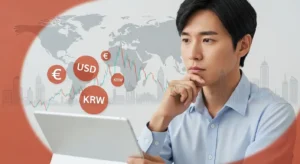 2025년 환율과 세금 문제에 직면한 서학개미 투자자가 태블릿을 보며 신중하게 투자 전략을 고민하는 모습