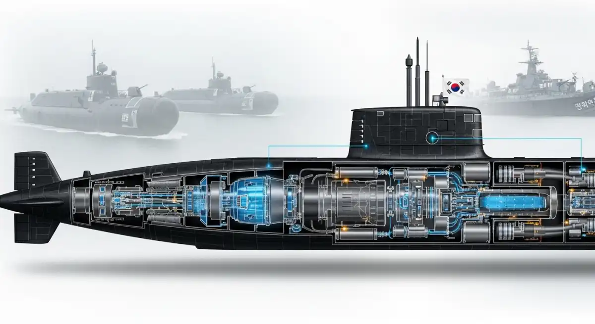 핵추진 잠수함의 내부 구조를 보여주는 상세한 청사진으로, 첨단 기술과 복잡한 설계가 돋보입니다.