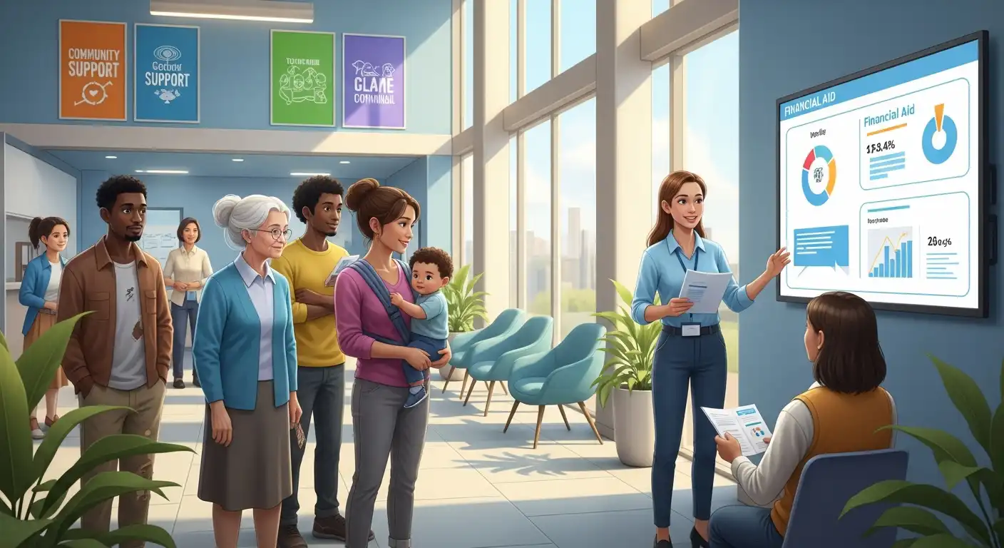 주민센터에서 난방비 지원 상담을 받고 있는 다양한 연령대의 사람들, 따뜻한 도움의 손길을 상징하는 이미지.