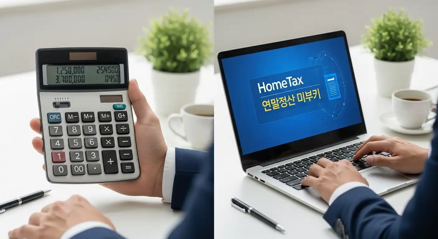 국세청 홈택스 연말정산 미리보기 서비스를 활용해 세액을 계산하는 모습