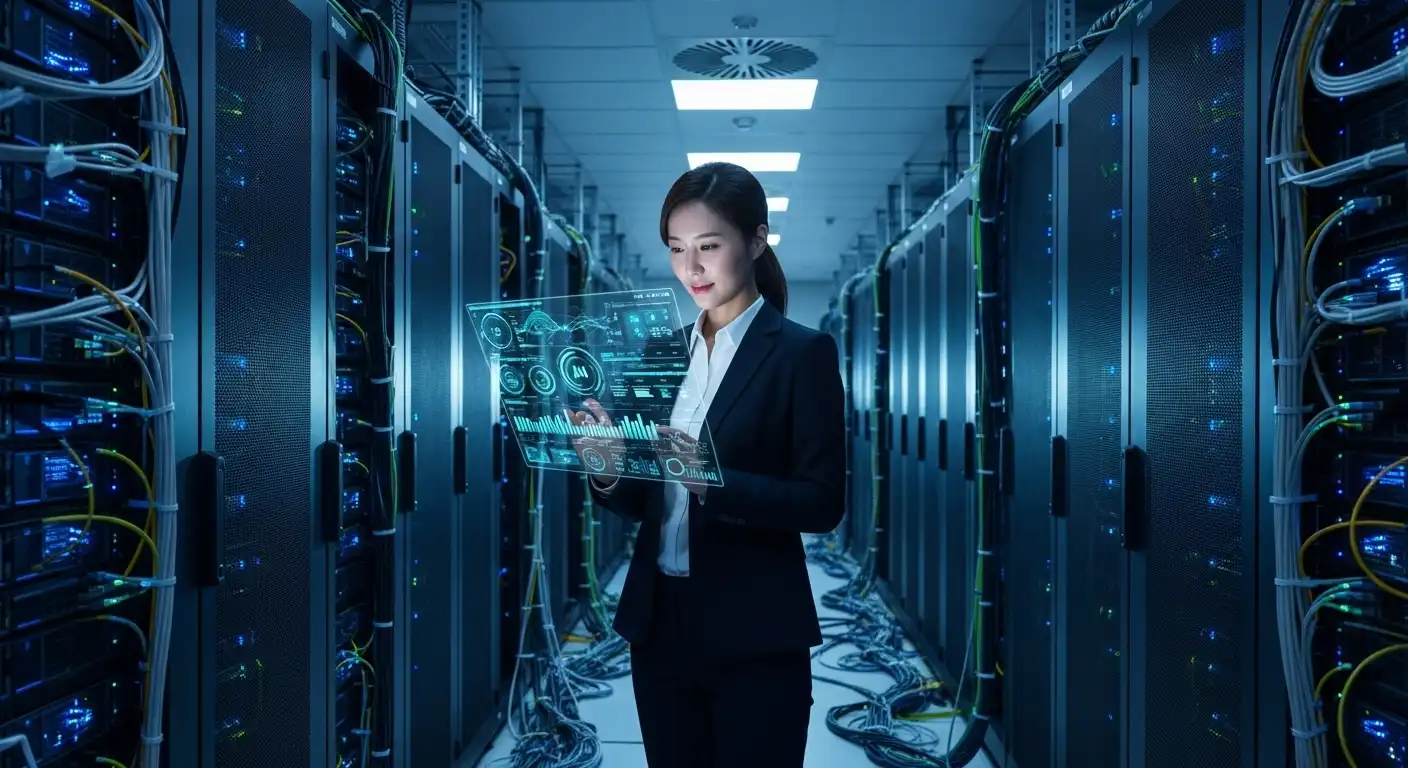 고성능 서버로 가득 찬 데이터센터에서 AI 데이터 관리 태블릿을 확인하는 한국인 전문가