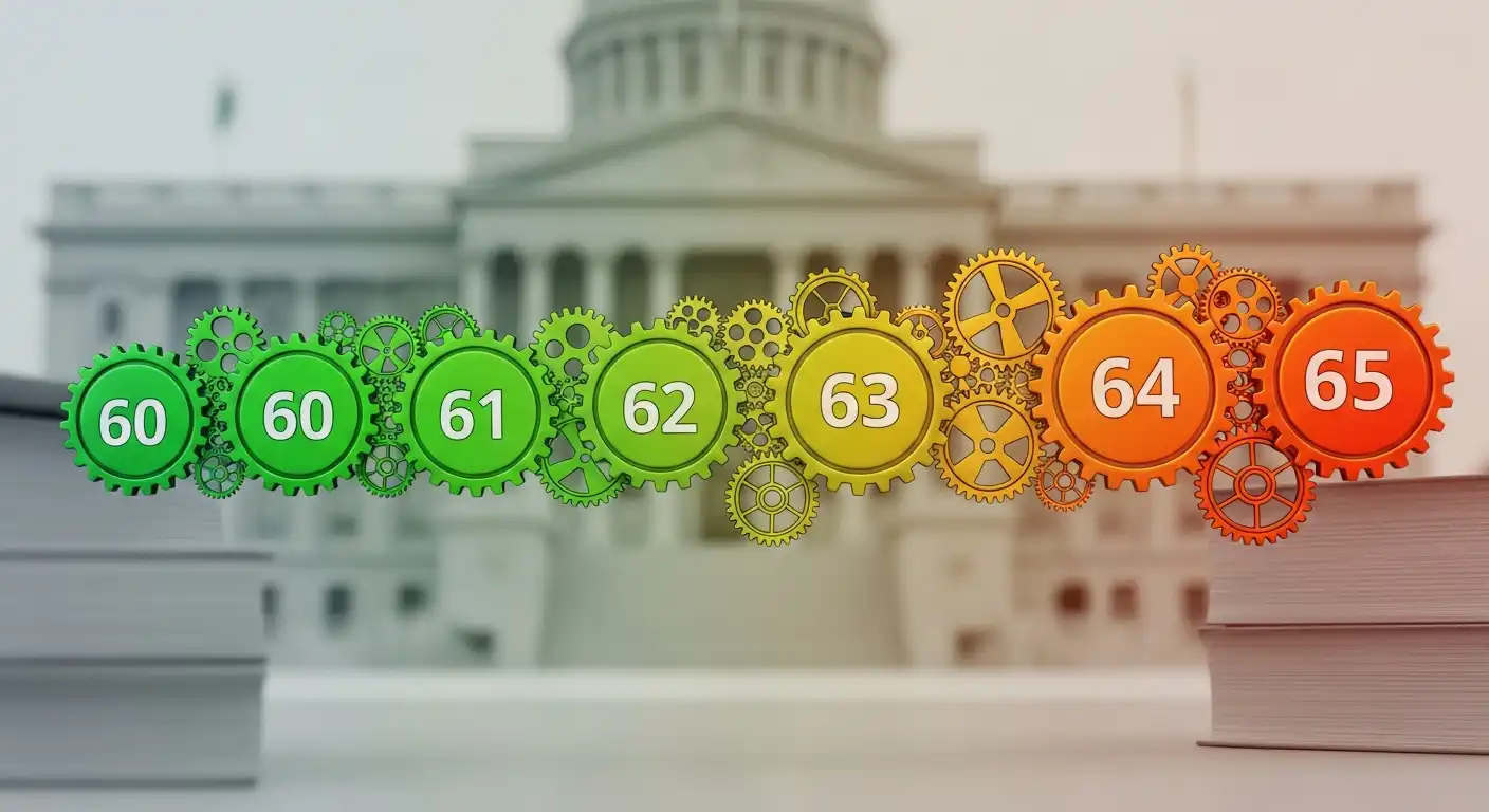 공무원 정년 60세에서 65세로 단계적으로 연장되는 과정을 보여주는 시각화된 타임라인 이미지.