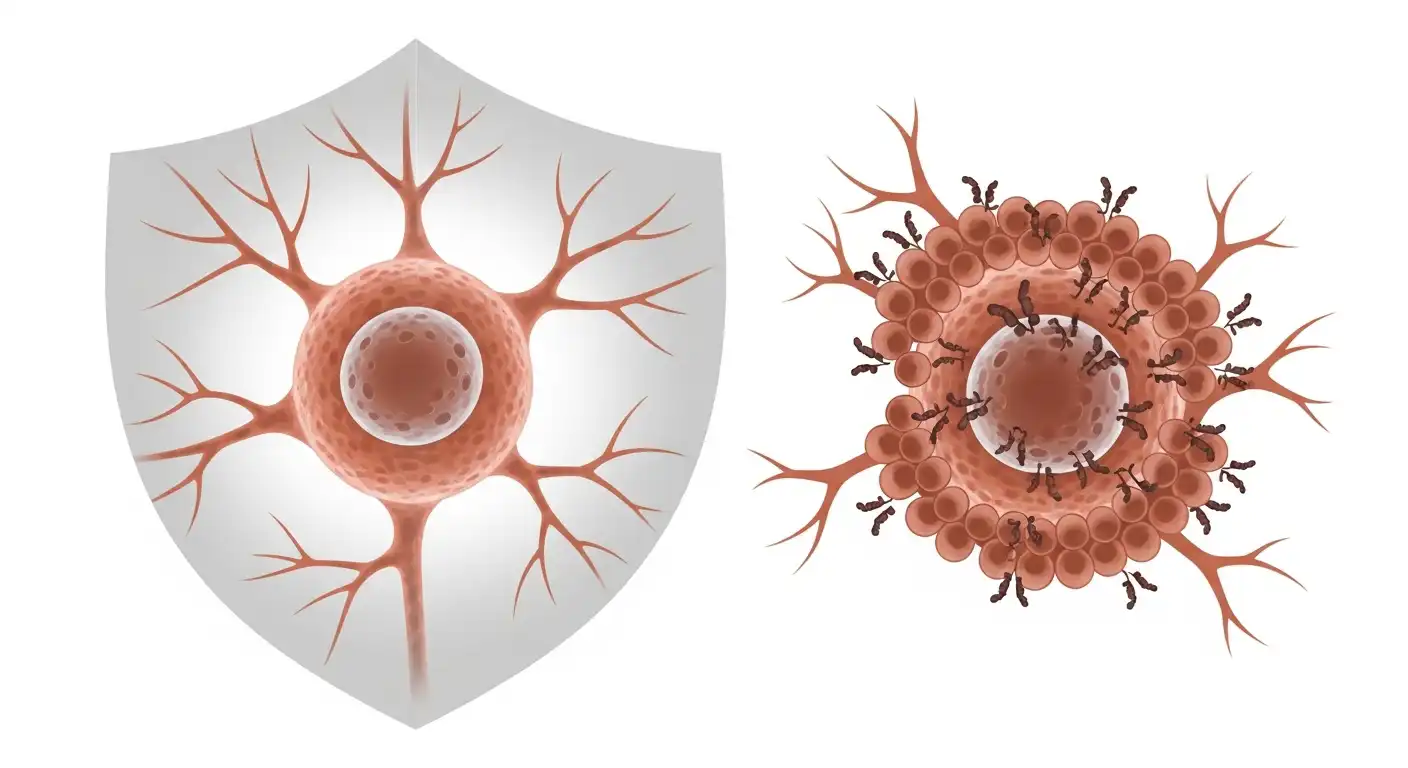 면역 체계가 건강한 신경을 보호하고, 다른 한편으로는 잘못된 면역 반응으로 신경이 공격받는 모습을 추상적으로 표현한 그림.