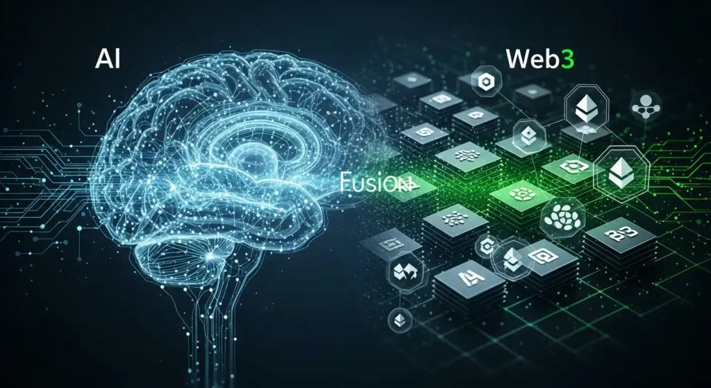 AI의 지능적인 신경망과 웹3의 견고한 블록체인 구조가 유기적으로 결합되어 새로운 디지털 시대를 여는 모습.