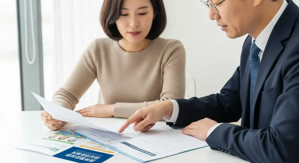 테이블에 놓인 서류를 보며 디딤씨앗통장에 대해 상담하는 보호자와 사회복지사의 모습.