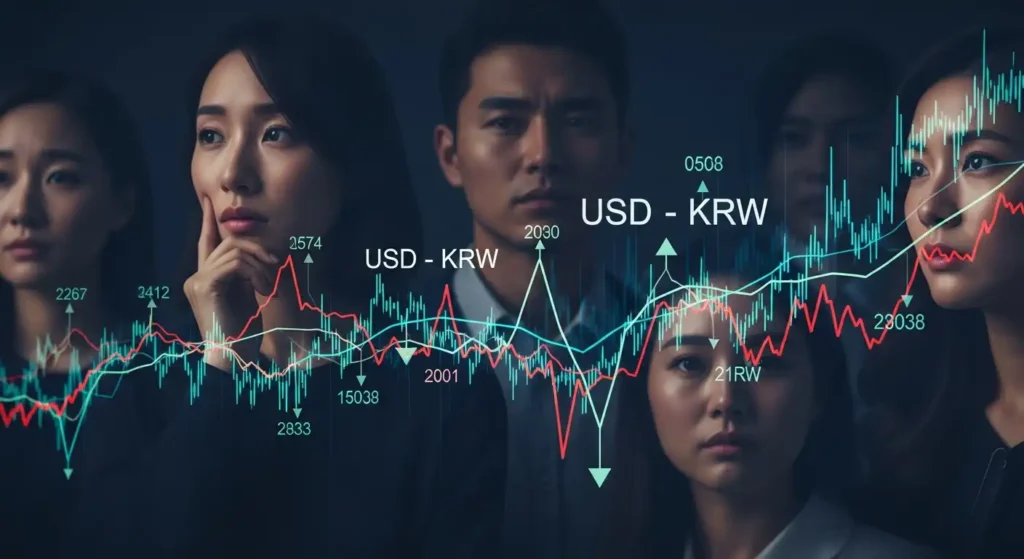 한국인 투자자들이 급변하는 환율 차트를 보며 불안감 속에서도 기회를 모색하는 모습.