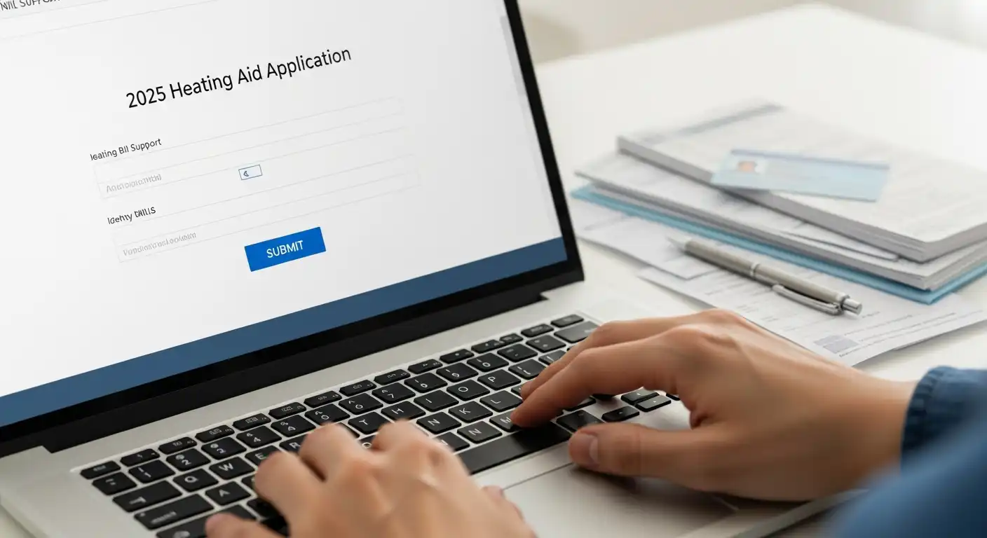 노트북으로 2025년 난방비 지원 온라인 신청서를 작성하고 있는 손과 주변에 놓인 서류들. 빠르고 간편한 온라인 신청 과정을 보여줌.