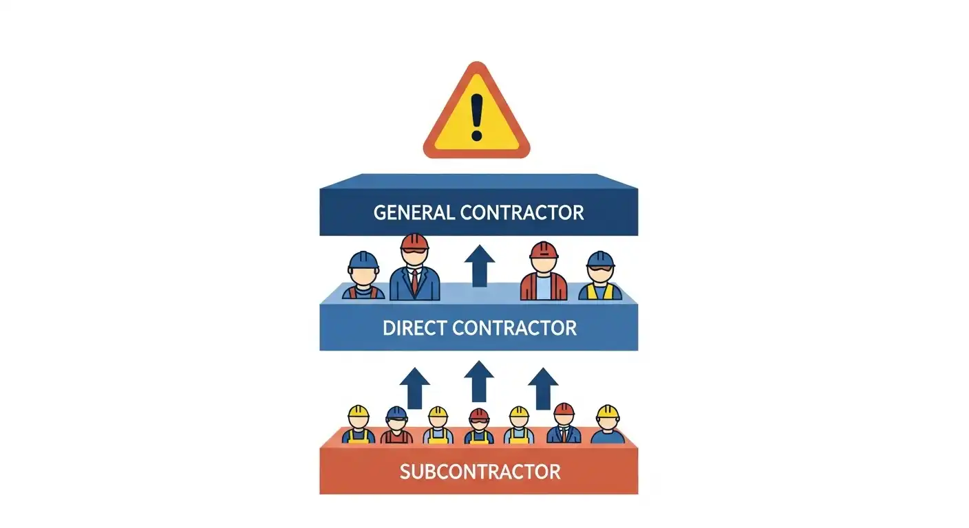 하도급 구조에서 원청과 상위 수급인에게도 책임이 확대됨을 시각적으로 나타내는 인포그래픽.
