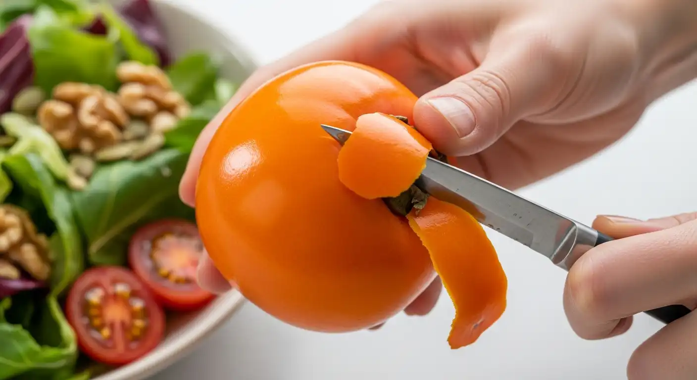 당뇨 환자가 껍질째 섭취하기 위해 단감을 깎는 모습, 건강한 식단과 함께 혈당 조절을 위한 팁.