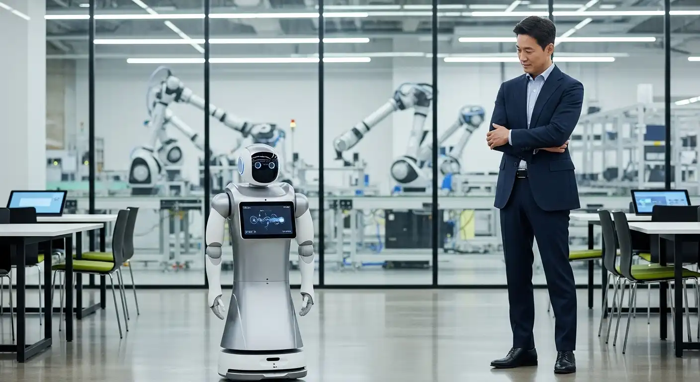 첨단 로봇과 함께 작업하며 AI 로봇 기술을 검토하는 한국인 연구원